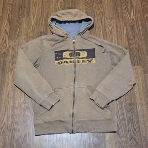 Vtg Y2K Oakley Full Zip Hoodie Tan Bark Logo Black Gray Tag Made In China M E65